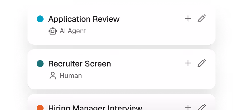 Search stages in order: Application Review handled by an AI agent, then Recruiter Screen handled by a person.