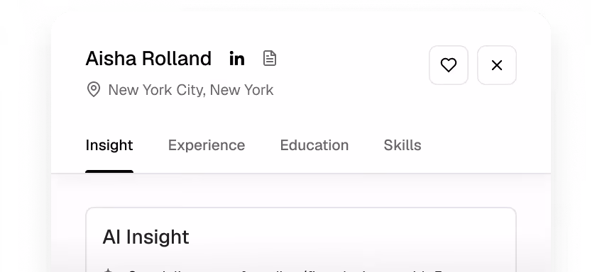 A sourced profile with an AI Insight panel explaining why the person fits the role.